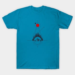 Mountain Forest, Red Moon, Abstract, Black Design T-Shirt